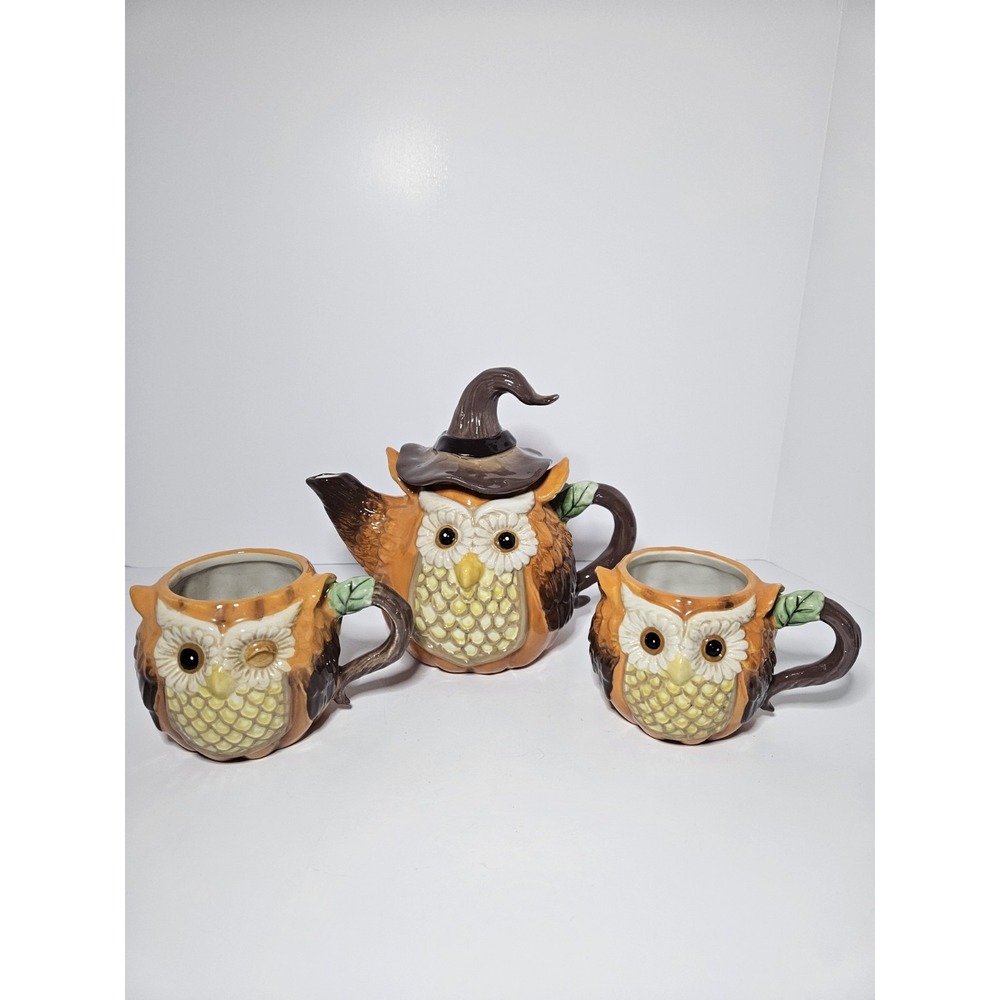Cracker Barrel Stoneware Witch Pumpkin Owl Tea Pot Mug Cup 3 piece Halloween